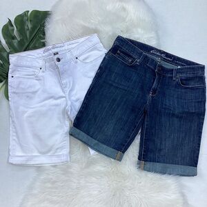 Eddie Bauer Slightly Curvy Bermuda Jean Shorts 2 pair White & Dark Denim 8